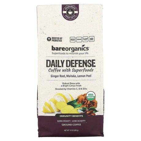 BareOrganics, Daily Defense Coffee With Superfoods, Ground, Dark Roast, 10 oz (283 g) - Supply Center USA