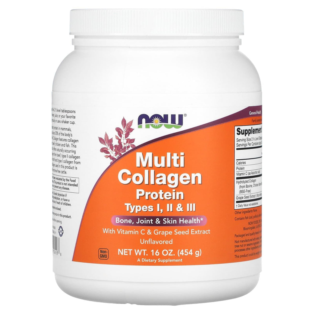 NOW Foods, Multi Collagen Protein, Type I, II & III, Unflavored, 16 oz (454 g) - Supply Center USA