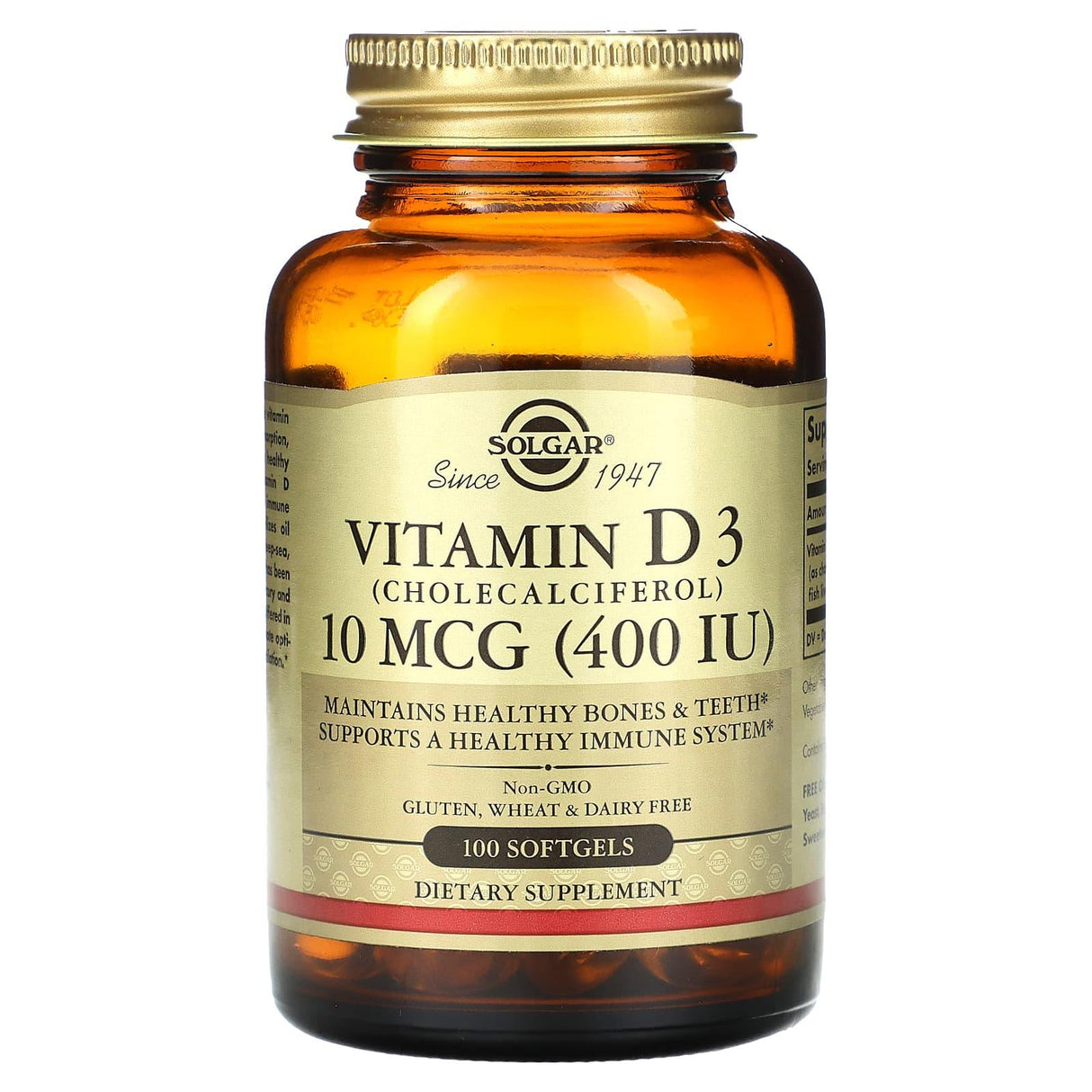 Solgar, Vitamin D3 (Cholecalciferol), 10 mcg (400 IU), 100 Softgels - Supply Center USA