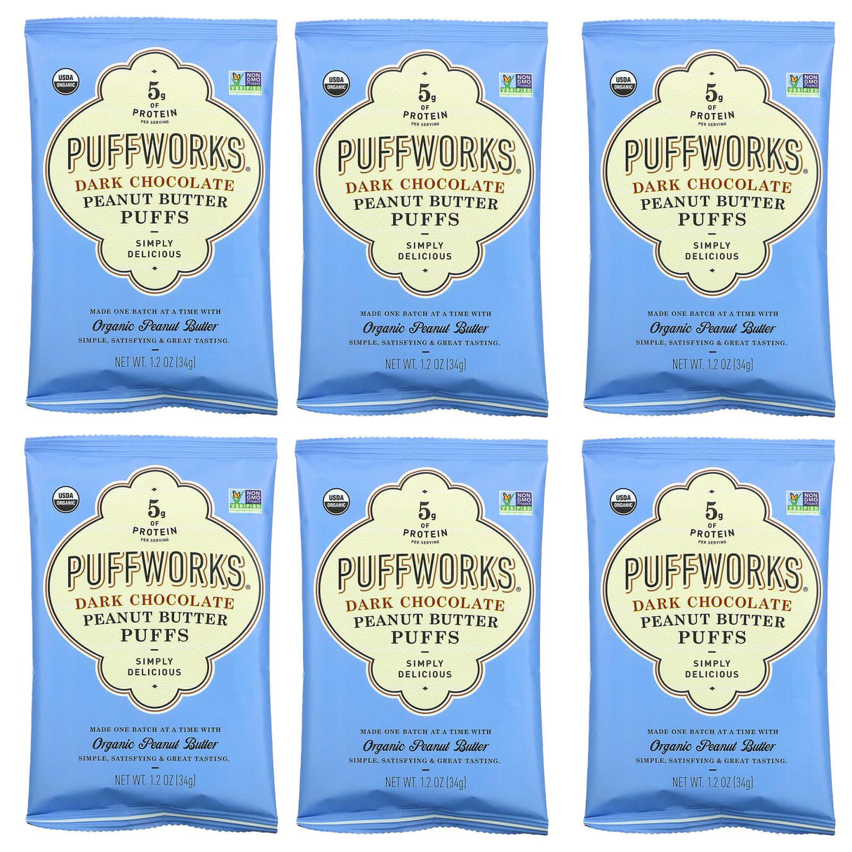 Puffworks, Peanut Butter Puffs, Dark Chocolate, 6 Pack, 1.2 oz (34 g) Each - Supply Center USA