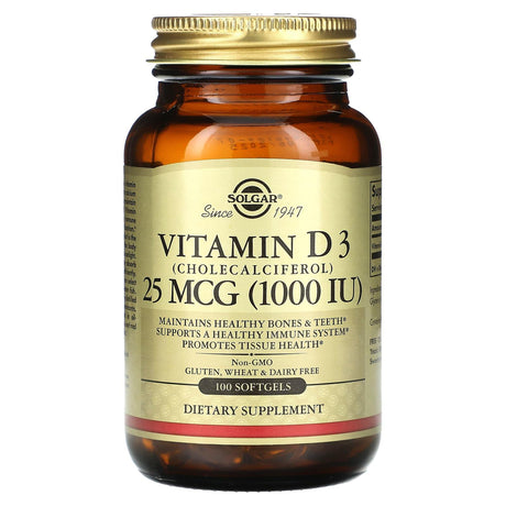 Solgar, Vitamin D 3 (Cholecalciferol), 25 mcg (1,000 IU), 100 Softgels - Supply Center USA