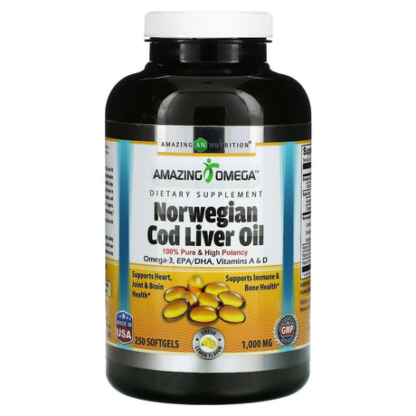 Amazing Nutrition, Norwegian Cod Liver Oil, Lemon, 1,000 mg, 250 Softgels - Supply Center USA