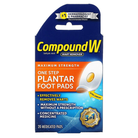 Compound W, Wart Remover, One Step Plantar Foot Pads, Maximum Strength, 20 Medicated Pads - Supply Center USA