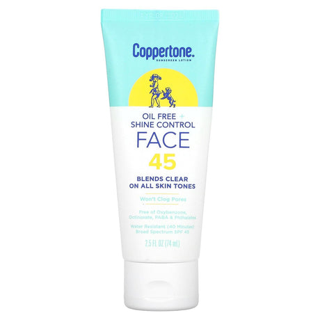 Coppertone, Sunscreen Lotion, Oil Free + Shine Control, Face, SPF 45, 2.5 fl oz (74 ml) - Supply Center USA