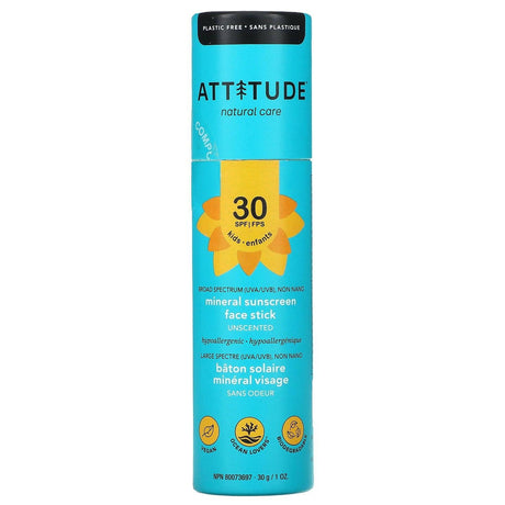 ATTITUDE, Kids, Mineral Sunscreen Face Stick, SPF 30, Unscented, 1 oz (30 g) - Supply Center USA