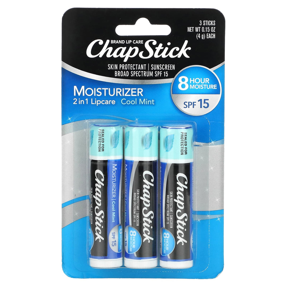 Chapstick, 2-In-1 Lip Care Skin Protectant, SPF 15, Cool Mint, 3 Sticks, 0.15 oz (4 g) Each
