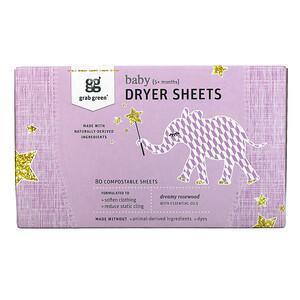 Grab Green, Dryer Sheets, Baby, 5+ Months, Dreamy Rosewood with Essential Oils, 80 Compostable Sheets - Supply Center USA