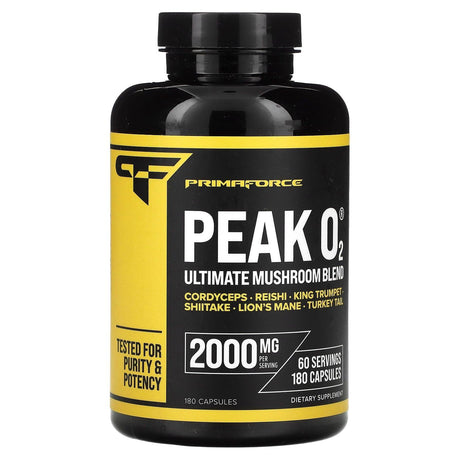 Primaforce, Peak O2, Ultimate Mushroom Blend, 2,000 mg , 180 Capsules (666 mg per Capsule) - Supply Center USA