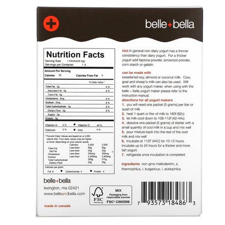 Belle+Bella, Non-Dairy Yogurt Starter, 4 Packets, (5 g) Each - Supply Center USA