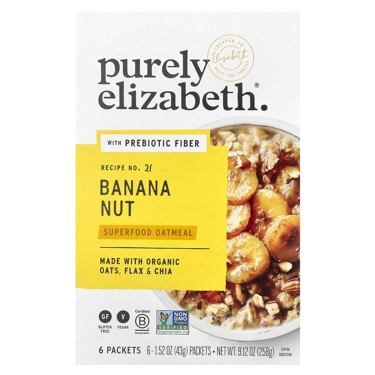 Purely Elizabeth, Superfood Oatmeal With Prebiotic Fiber, Banana Nut, 6 Packets, 1.52 oz (43 g) Each - Supply Center USA