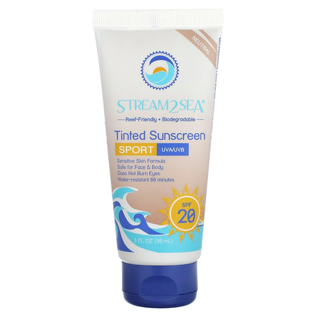 Stream2Sea, Tinted Sunscreen, Sport, SPF 20, Neutral, Fragrance Free, 3 fl oz (90 ml) - Supply Center USA