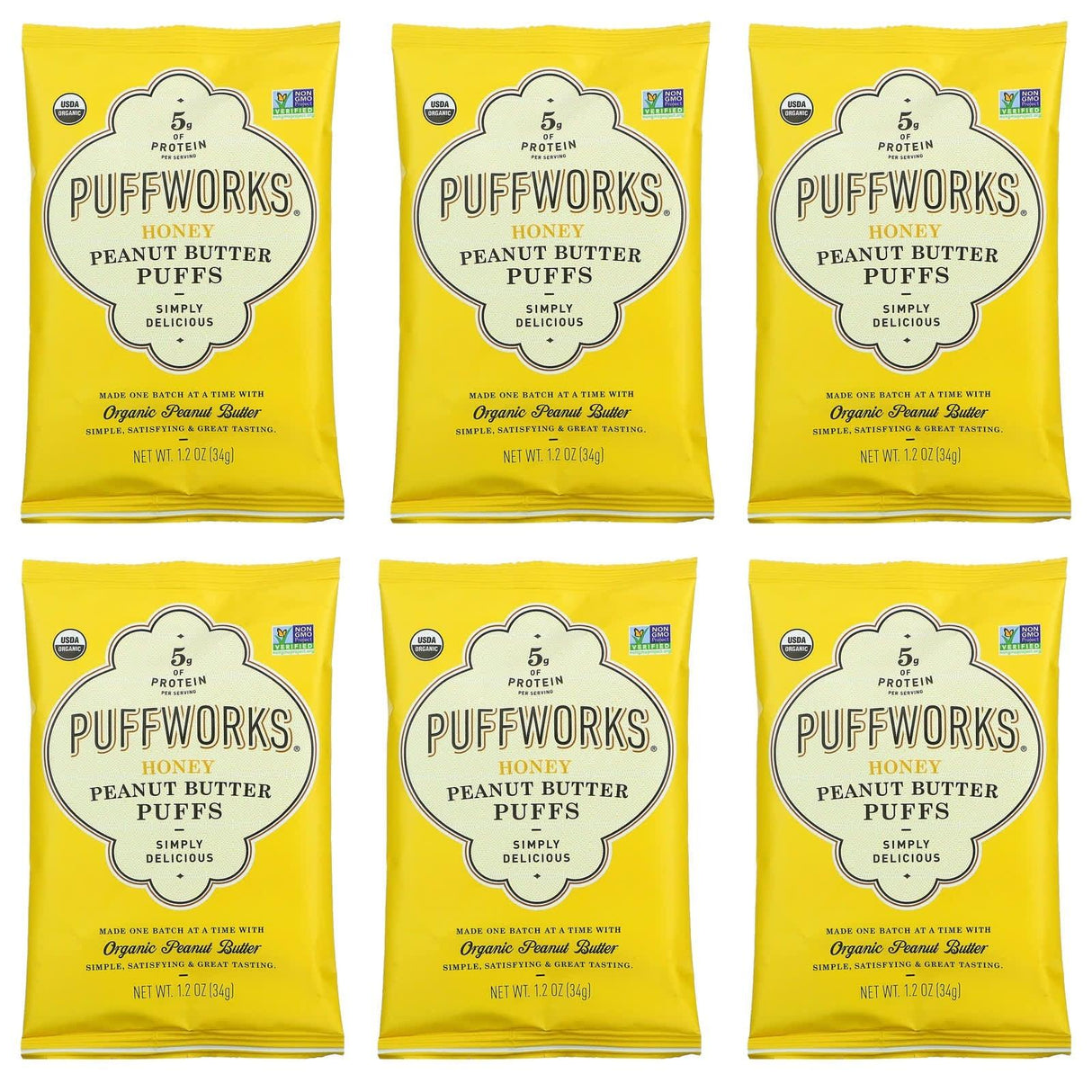 Puffworks, Peanut Butter Puffs, Honey, 6 Pack, 1.2 oz (34 g) Each - Supply Center USA