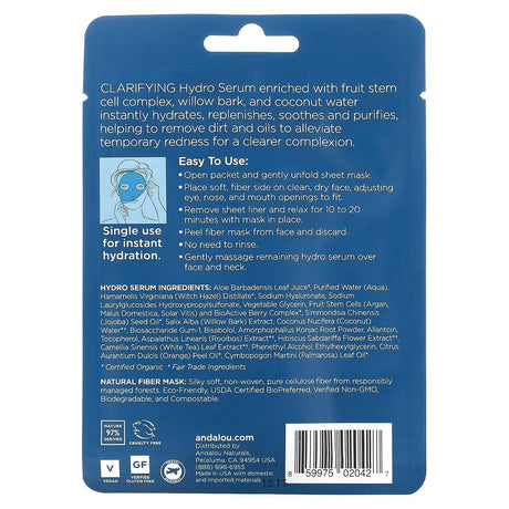 Andalou Naturals, Instant Pure Pore, Hydro Serum Beauty Facial Beauty Mask, 1 Fiber Sheet Mask, 0.6 fl oz (18 ml) - Supply Center USA