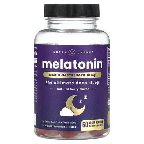 NutraChamps, Melatonin, Maximum Strength, Natural Berry, 5 mg, 60 Vegan Gummies - Supply Center USA