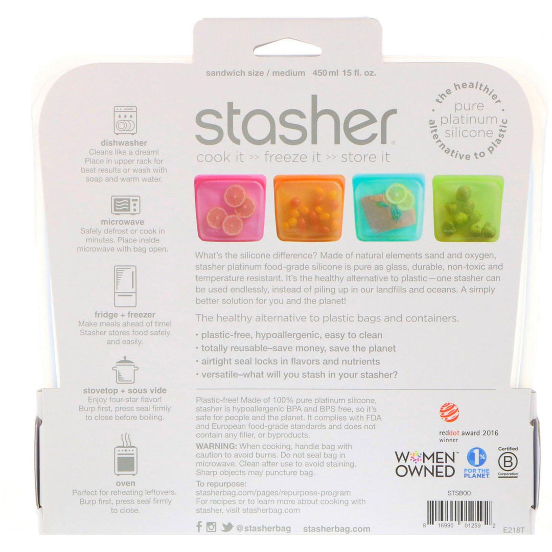 Stasher, Reusable Silicone Food Bag, Sandwich Size Medium, Clear, 15 fl oz (450 ml) - HealthCentralUSA