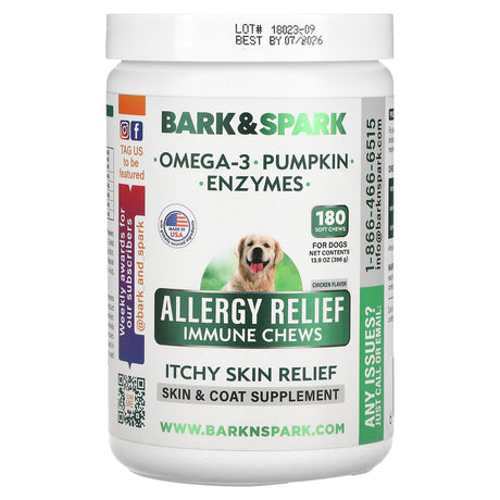 Bark&Spark, Allergy Relief Immune Chews, For Dogs, Chicken, 180 Soft Chews, 13.9 oz (369 g) - Supply Center USA