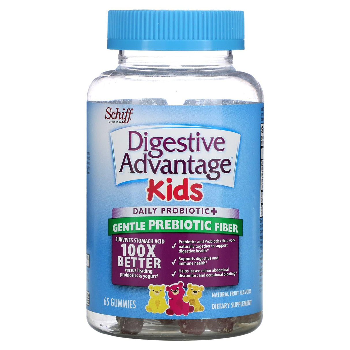 Schiff, Digestive Advantage Kids, Daily Probiotic + Gentle Prebiotic Fiber, Natural Fruit, 65 Gummies - Supply Center USA