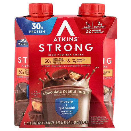 Atkins, Strong, High Protein Shake, Chocolate Peanut Butter, 4 Shakes, 11 fl oz (325 ml) Each - Supply Center USA