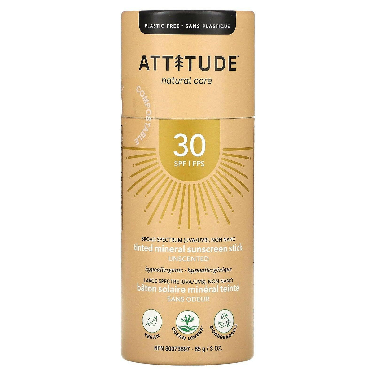 ATTITUDE, Tinted Mineral Sunscreen Stick, SPF 30, Unscented, 3 oz (85 g) - Supply Center USA