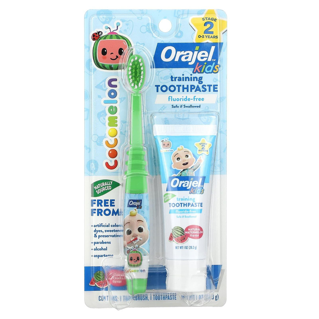 Orajel, Kids, Cocomelon Training Toothpaste with Toothbrush, Fluoride-Free, 0-3 Years, Watermelon, 2 Piece Set, 1 oz (28.3 g) - Supply Center USA