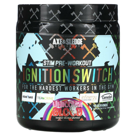 Axe & Sledge Supplements, Ignition Switch, Stim Pre-Workout, Unicorn Blood Rainbow Sherbet, 7.41 oz (210 g) - Supply Center USA