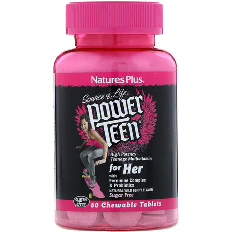 Nature's Plus, Source of Life, Power Teen, For Her, Sugar Free, Natural Wild Berry Flavor, 60 Chewable Tablets - Supply Center USA