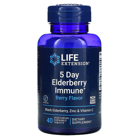 Life Extension, 5 Day Elderberry Immune, Berry , 40 Vegetarian Chewable Tablets - Supply Center USA