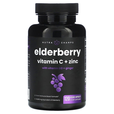 NutraChamps, Elderberry Vitamin C + Zinc with Vitamin D3 + Ginger, 120 Veggie Capsules - Supply Center USA