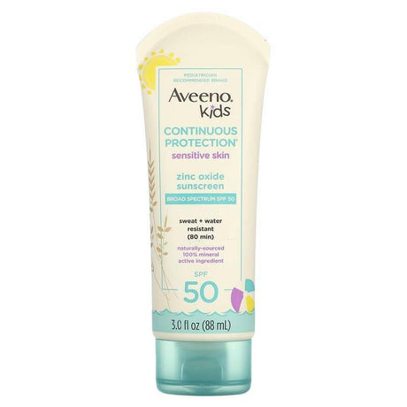 Aveeno, Kids, Continuous Protection Zinc Oxide Sunscreen, Sensitive Skin, SPF 50, 3 fl oz (88 ml) - Supply Center USA