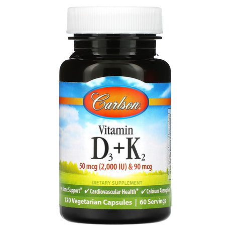 Carlson, Vitamin D3 + K2, 50 mcg (2,000 IU) & 90 mcg, 120 Vegetarian Capsules - Supply Center USA