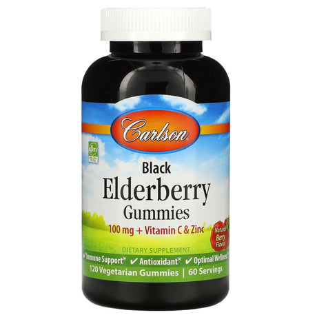 Carlson Labs, Black Elderberry Gummies + Vitamin C & Zinc, Natural Berry, 100 mg, 120 Vegetarian Gummies - Supply Center USA