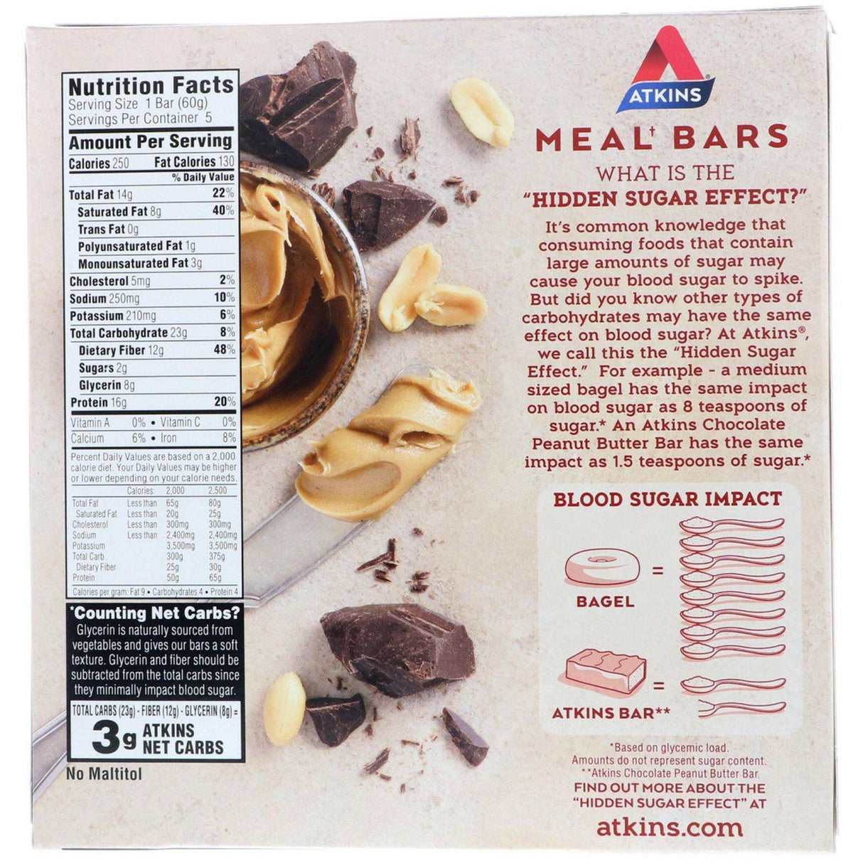 Atkins, Meal Bar, Chocolate Peanut Butter Bar, 5 Bars, 2.12 oz (60 g) Each - Supply Center USA