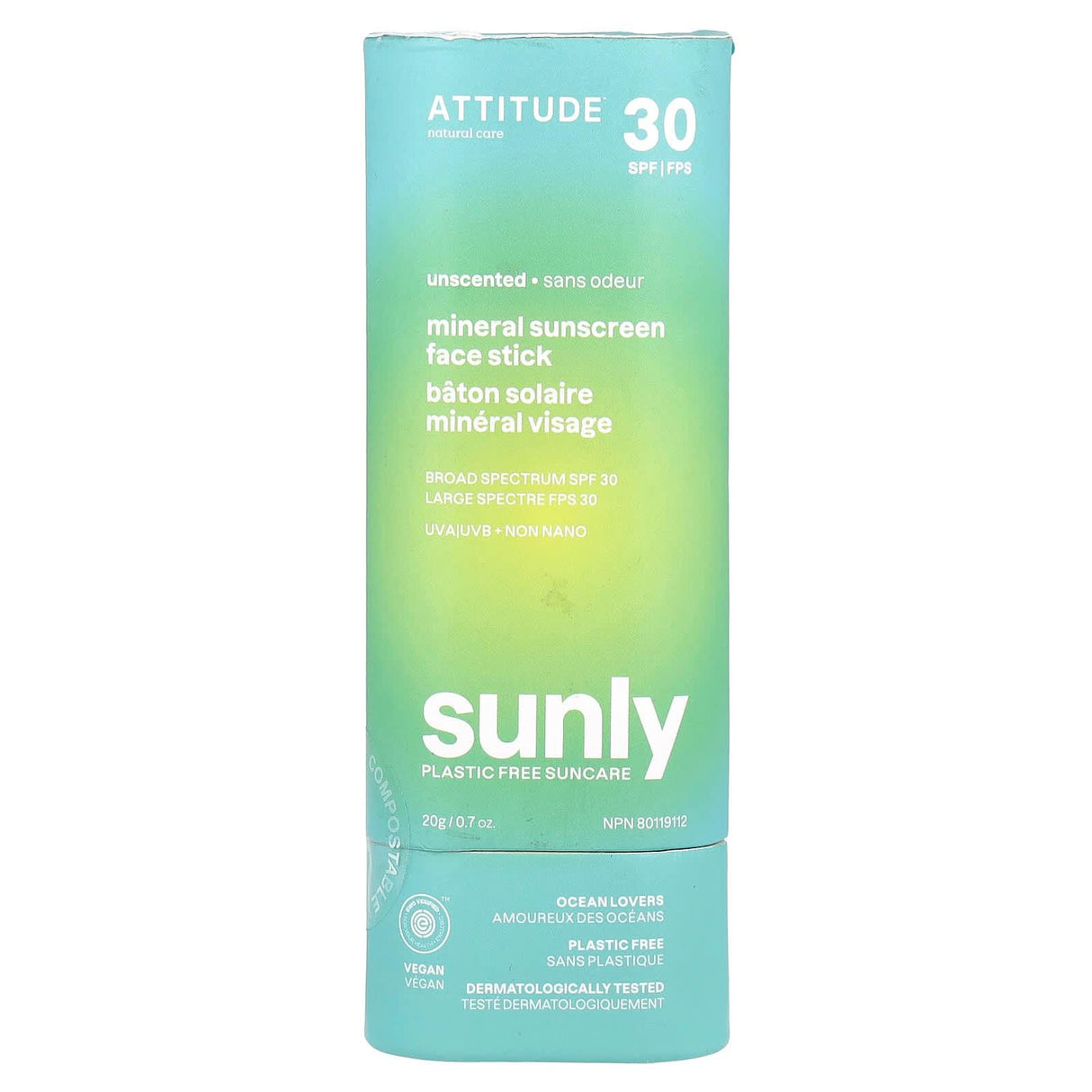 ATTITUDE, Sunly, Mineral Sunscreen Face Stick, SPF 30, Unscented, 0.7 oz (20 g) - Supply Center USA