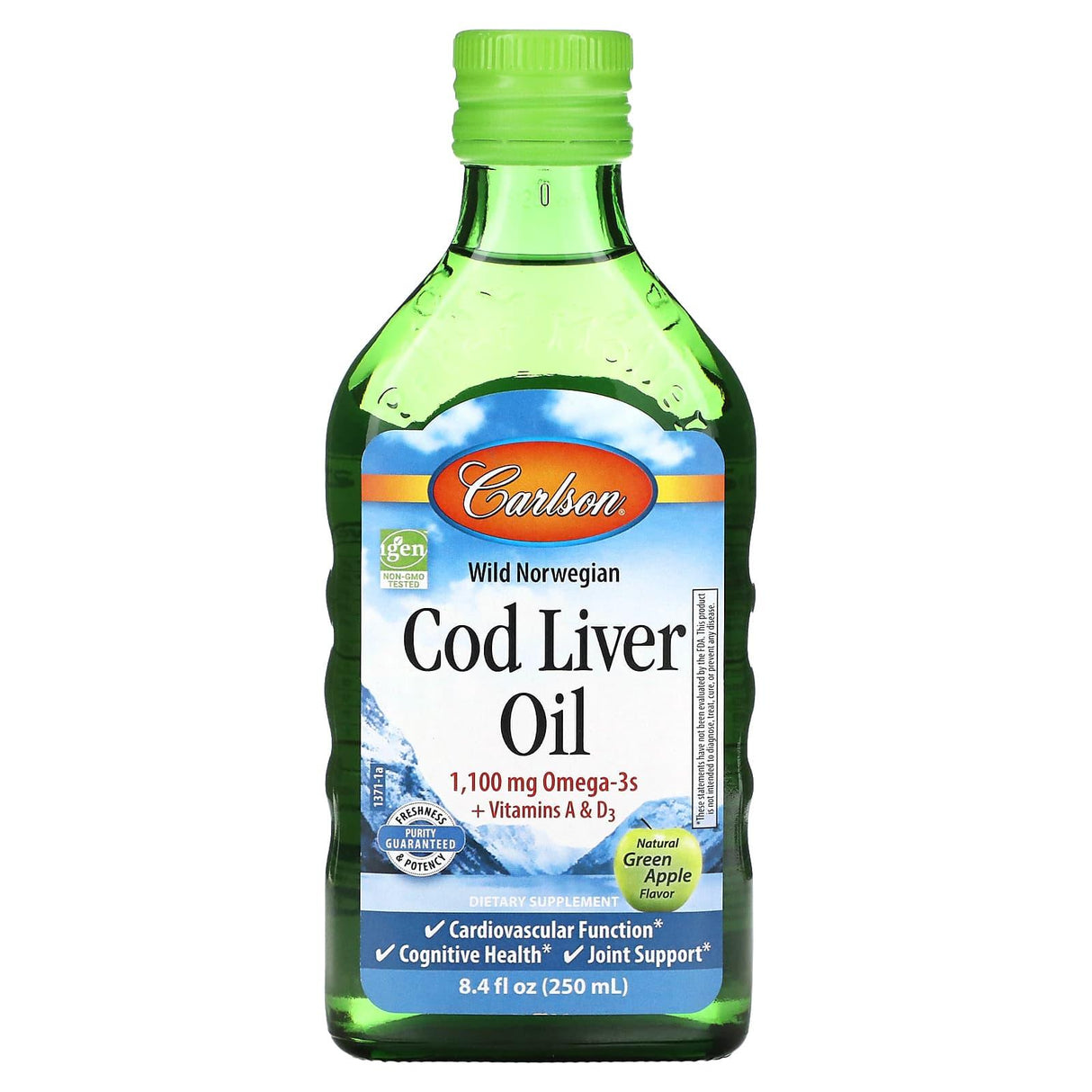 Carlson, Cod Liver Oil, Natural Green Apple , 1,100 mg, 8.4 fl oz (250 ml) - Supply Center USA