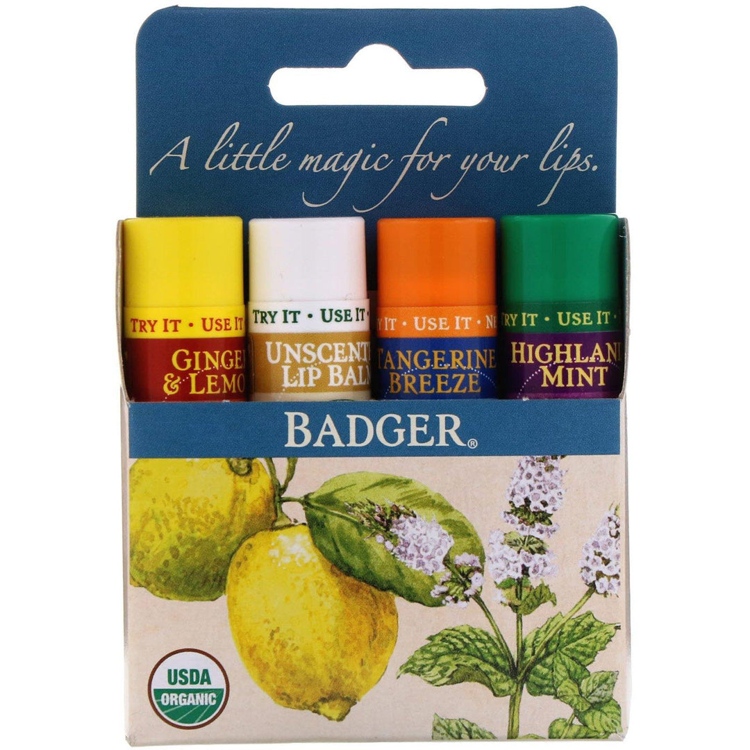 Badger Company, Organic Classic Lip Balm Sticks, Blue Box, 4 Lip Balm Sticks, .15 oz (4.2 g) Each - HealthCentralUSA