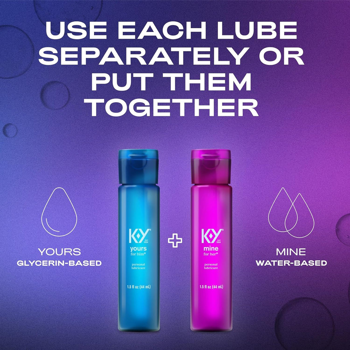 K-Y Yours + Mine Couples Personal Lube, Two Personal Lubricants, Water Based Lube for Women & Glycerin-Based Lube for Men, 2 X 1.5 FL OZ