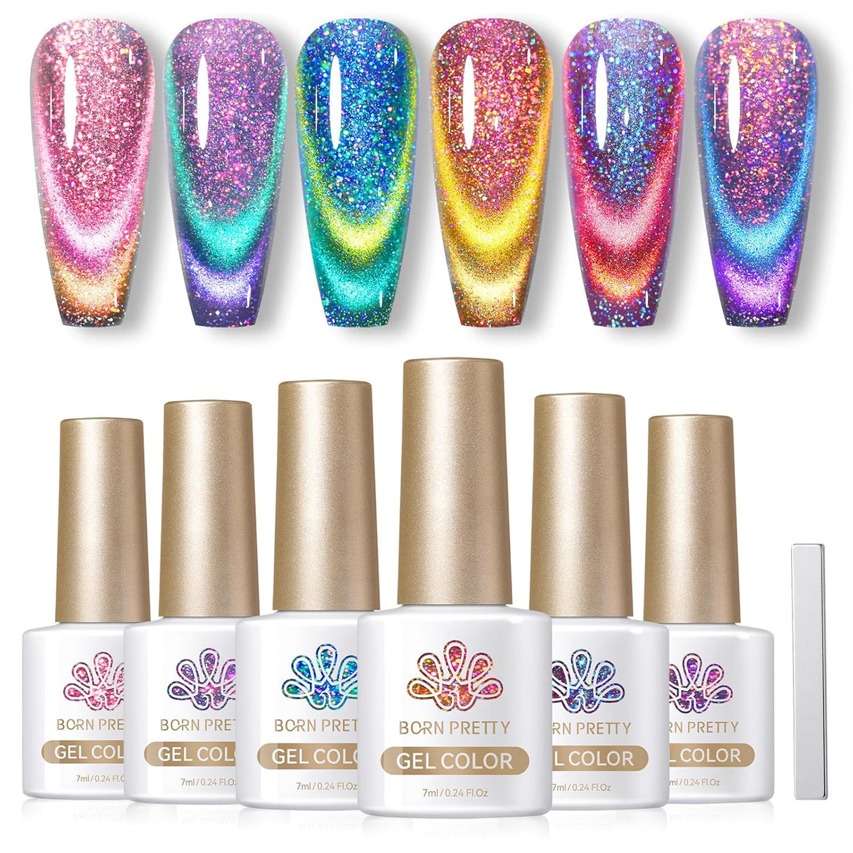 Born Pretty Cat Magnetic Eye Gel Nail Polish, Holographic Glitter Milky Jelly Cat Magnetic Gel Blue Green Purple Pink Nude Silver Nail Art Gel Manicure Salon DIY Gifts 7ML 6PCS