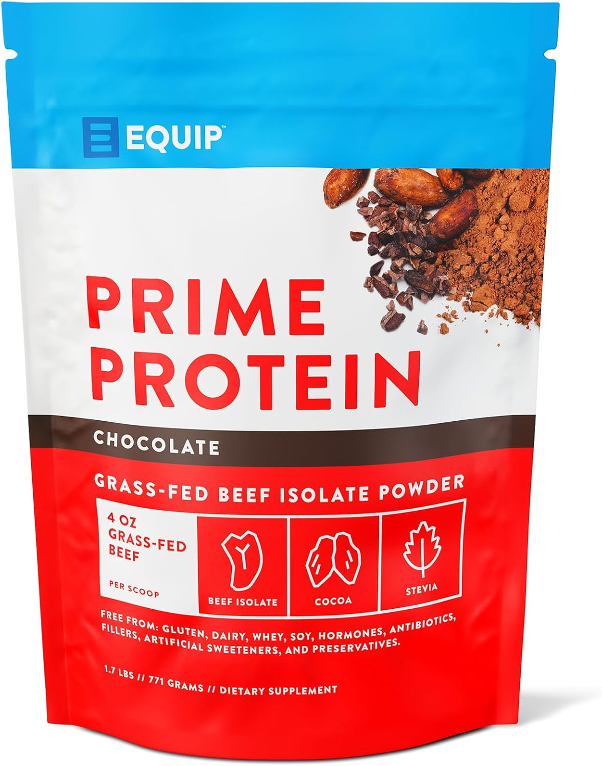 Equip Foods Prime Protein Powder | Clean, Grass Fed Beef Protein Isolate | Carnivore Protein Powder | Paleo, Keto Friendly | Gluten, Dairy Free | Helps Build & Repair Tissue | 30 Servings, Chocolate