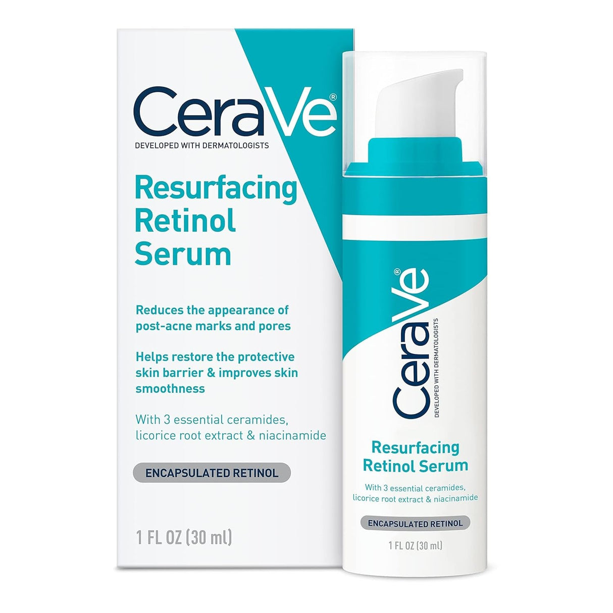 Cerave Resurfacing Retinol Serum for Post Acne Marks, Formulated with Licorice Root Extract & Niacinamide, Brightening Serum & Pore Minimizer for Face, Post Acne Skin Barrier Repair, Non-Comedogenic