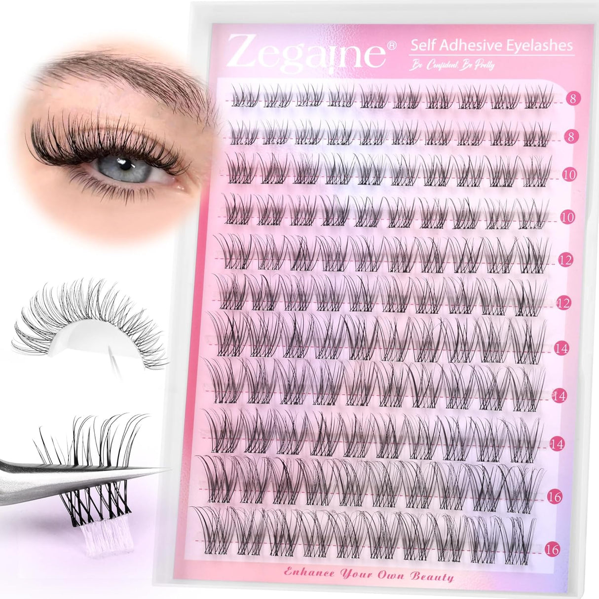 Self Adhesive Lashes Clusters Kit Natural Self Adhesive Cluster Eyelash Extensions Kit Reusable Wispy Cluster Lashes No Glue Needed Fluffy D Curl Individual Lashes Kit with Tweezers 10-16MM by Zegaine