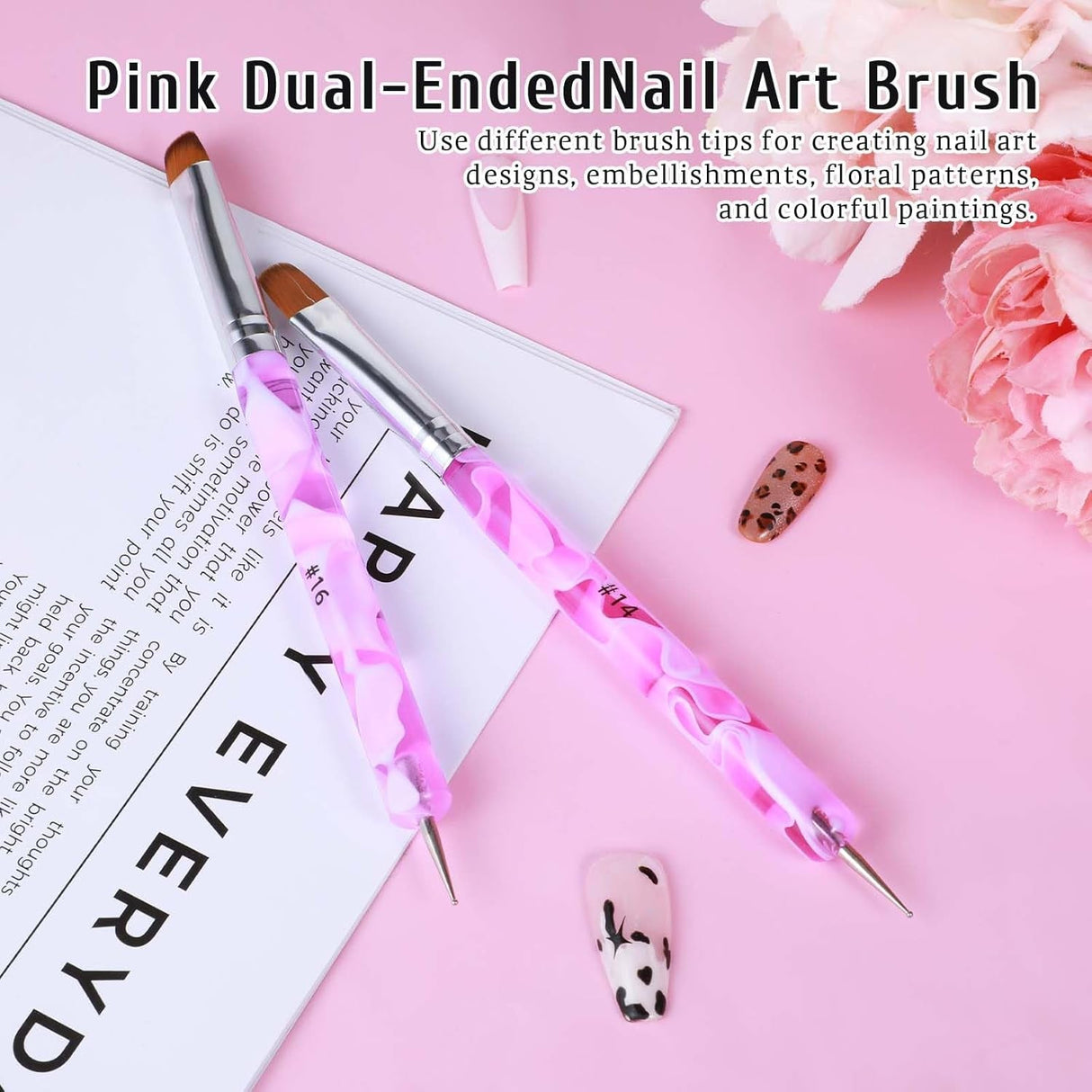 French Gel Acrylic Nail Art Brush & Dotting Tool, Premium 2 Way French Nail Art Kolinsky Brush for Professional Manicure Cuticle Clean up Nail Art Design French Tips Brushes (Size 14 & 16)