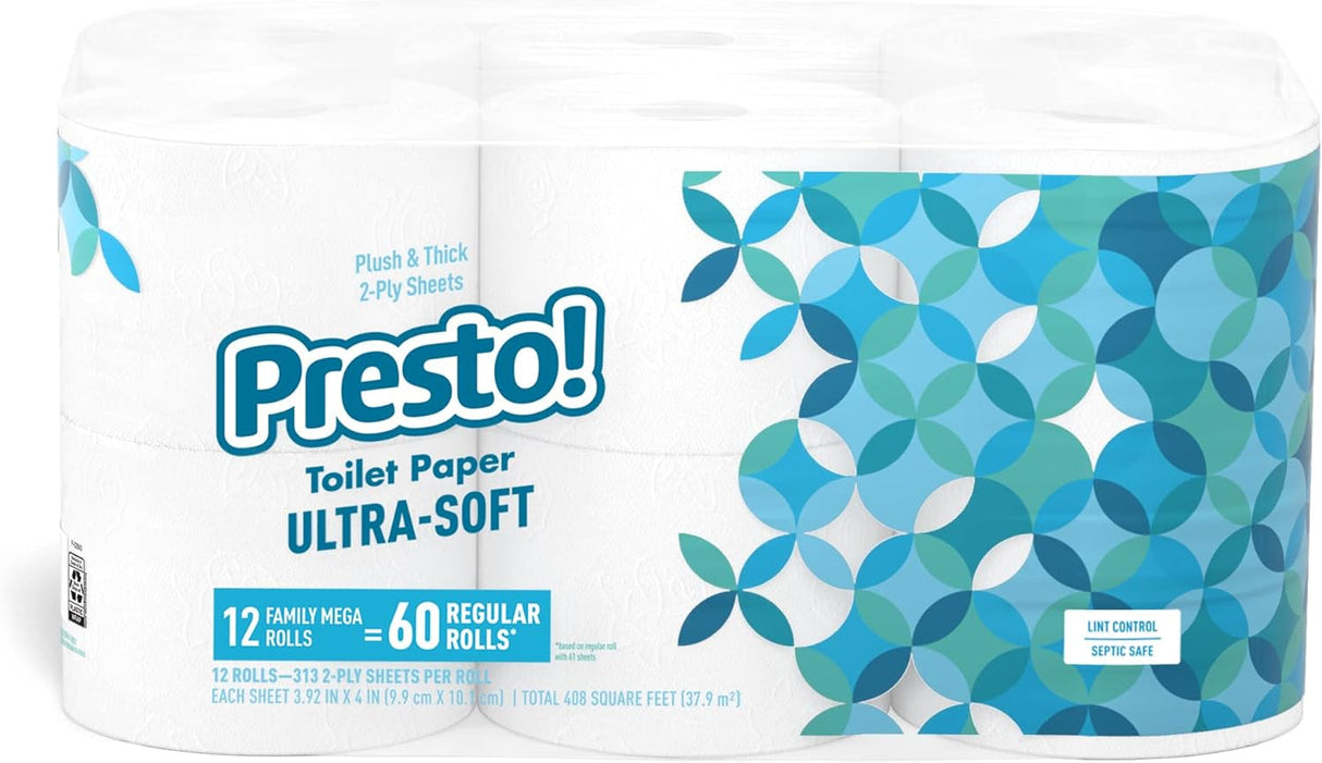Amazon Brand - Presto! 313 2-Ply Sheet Mega Roll Toilet Paper, Unscented, Ultra-Soft, 12 Rolls (2 Packs of 6), Equivalent to 60 Regular Rolls, White