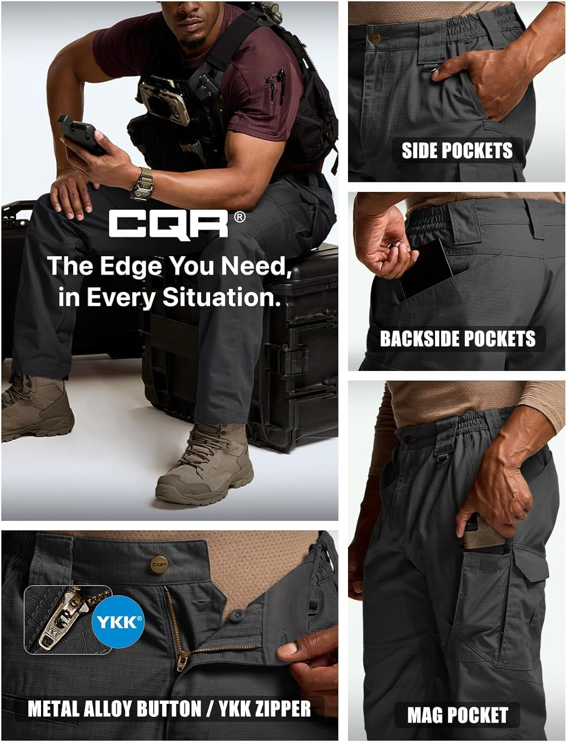 CQR Men'S Tactical Pants, Water Resistant Ripstop Cargo Pants, Lightweight EDC Work Hiking Pants, Outdoor Apparel