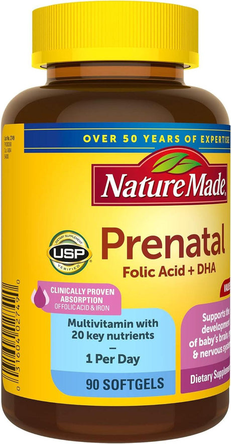 Nature Made Prenatal with Folic Acid + DHA, Prenatal Vitamin and Mineral Supplement for Daily Nutritional Support, 90 Softgels, 90 Day Supply - Supply Center USA