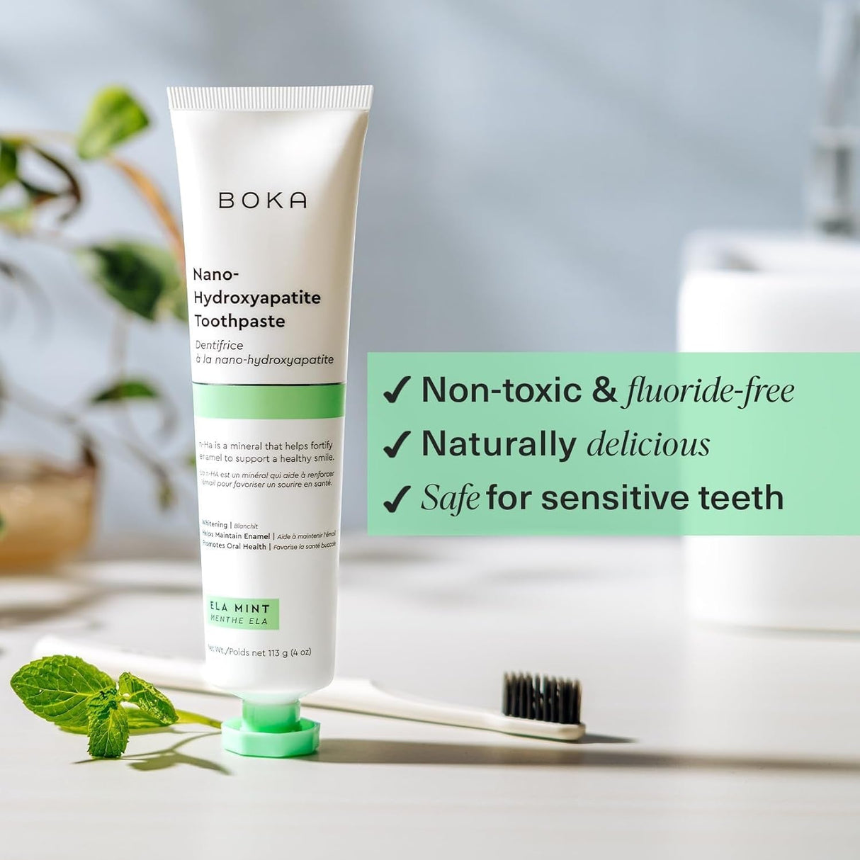 Boka Fluoride Free Toothpaste Nano Hydroxyapatite, Helps Remineralize, Appropriate for Sensitive Teeth, Whitening - for Adult, Kids Oral Care - Ela Mint Flavor, 4 Fl Oz 1Pk US Manufactured