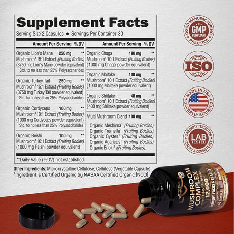 Mushroom Supplement - Organic Lion'S Mane | Turkey Tail | Chaga | Cordyceps | Reishi | Maitake | Shiitake | Meshima | Tremella | Oyster | Agaricus - Made in USA - 12-In-1 Complex 12000 Mg, 60 Capsules - Supply Center USA