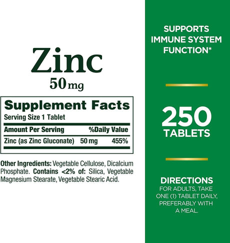 Nature'S Bounty Zinc 50Mg, Immune Support & Antioxidant Supplement, Promotes Skin Health 250 Caplets - Supply Center USA