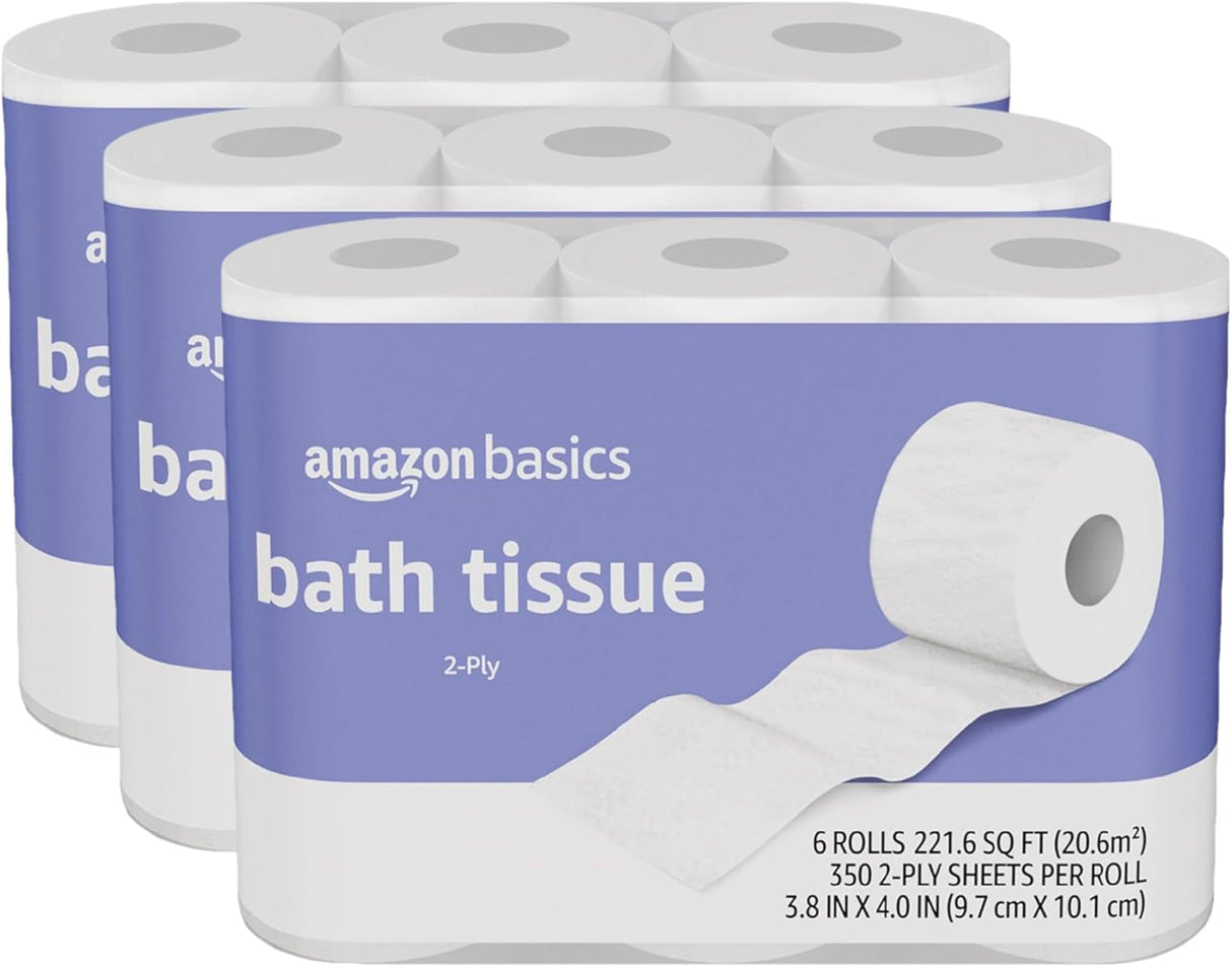 Amazon Basics 2-Ply Toilet Paper, 30 Rolls = 120 Regular Rolls, 350 Sheets, (Pack of 30), Unscented