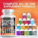 Clean Nutraceuticals Ceylon Cinnamon 3000Mg Turmeric 3000Mg Apple Cider Vinegar 3000Mg Ginseng 2000Mg Berberine 1200Mg plus Bitter Melon Gymnema Milk Thistle Fenugreek - Supply Center USA