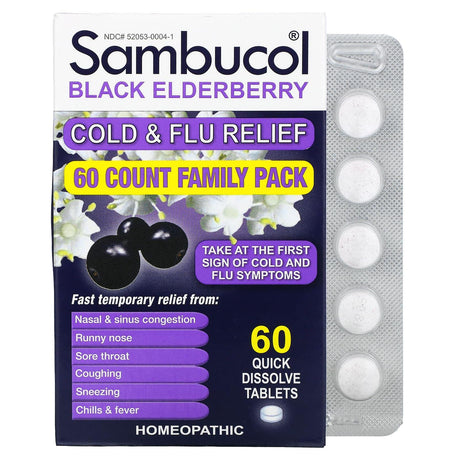 Sambucol, Black Elderberry, Cold & Flu Relief, Family Pack, 60 Quick Dissolve Tablets - Supply Center USA